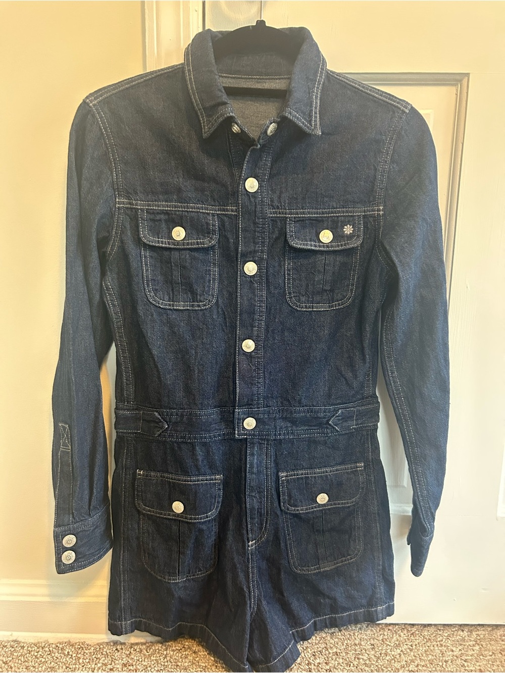 Dark Blue Denim Button-Front Romper